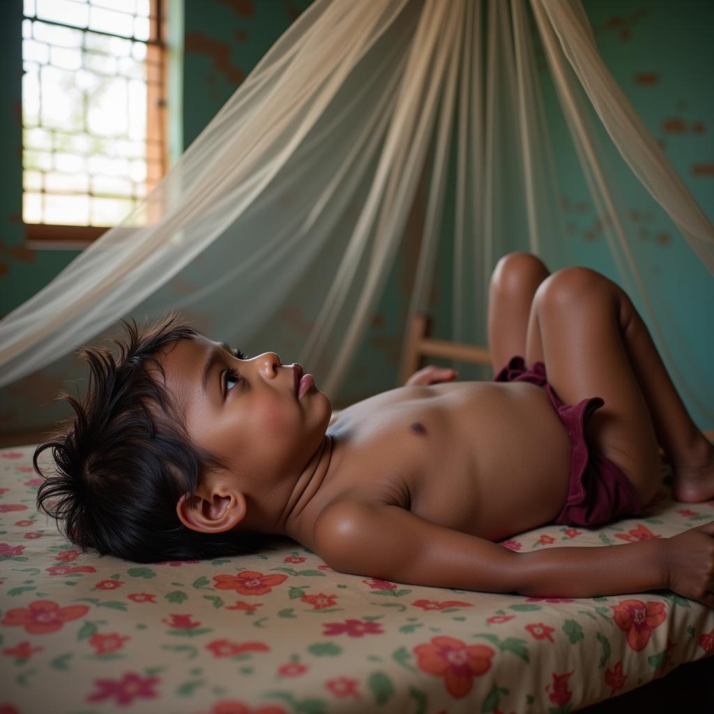 A sick child with malaria in a rural clinic