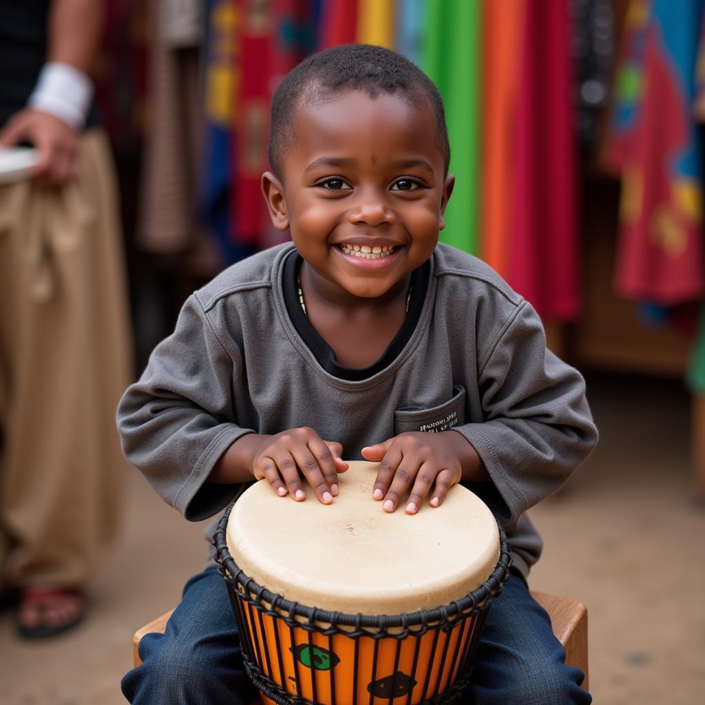 African child playing djembe drum