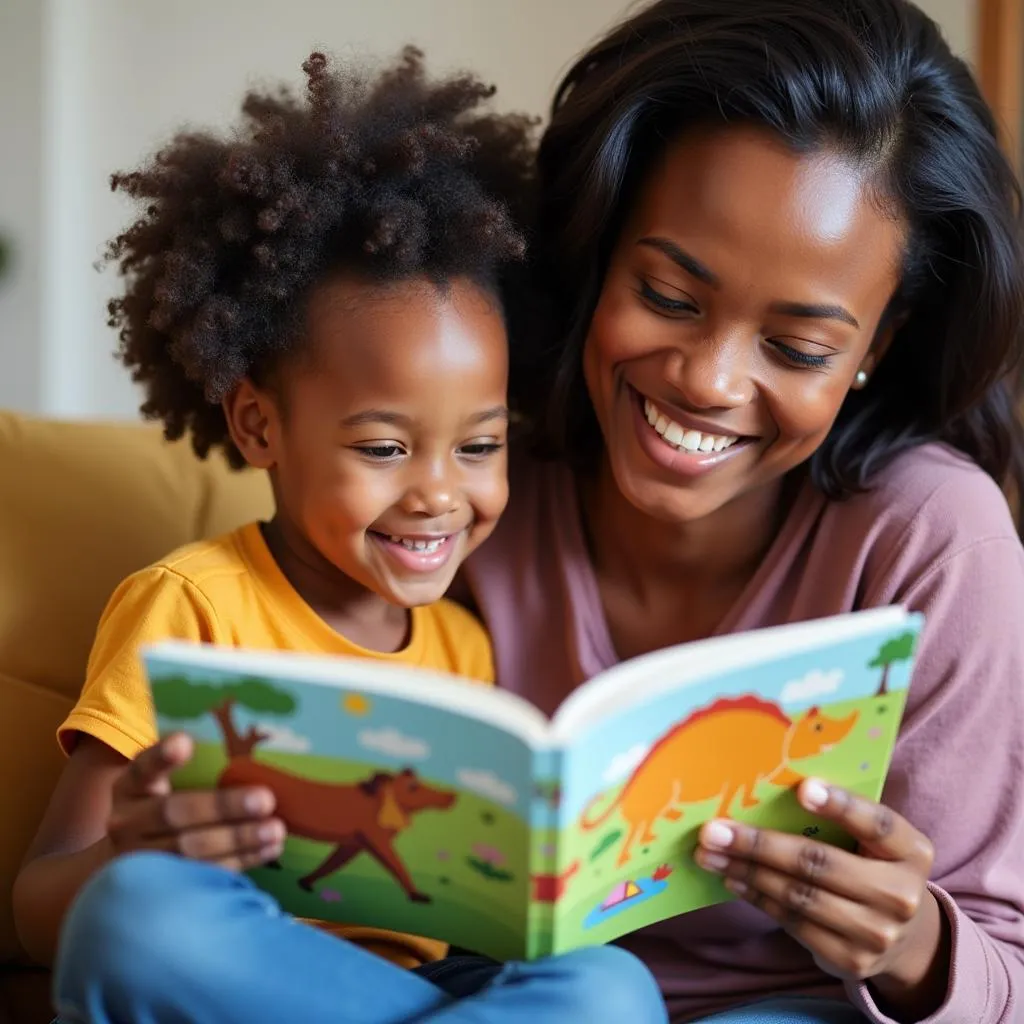 African child engrossed in a book with their mother