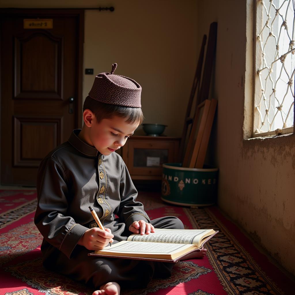 Young boy reciting Quran in a madrasa