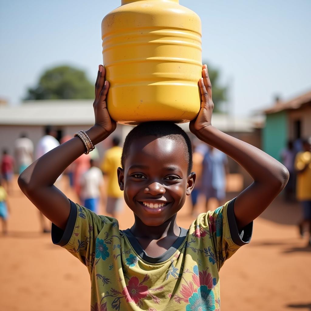 Smiling African child carrying water jug