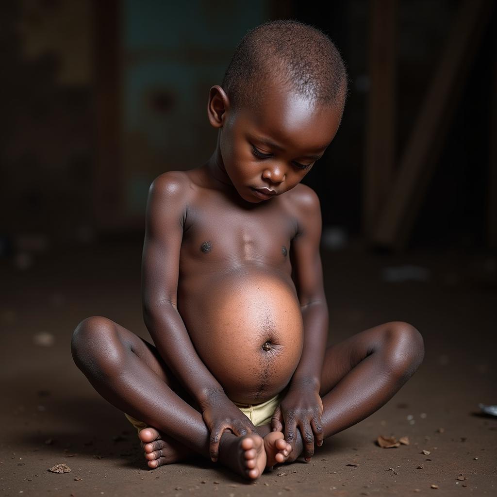 A young African child suffering from the visible effects of malnutrition