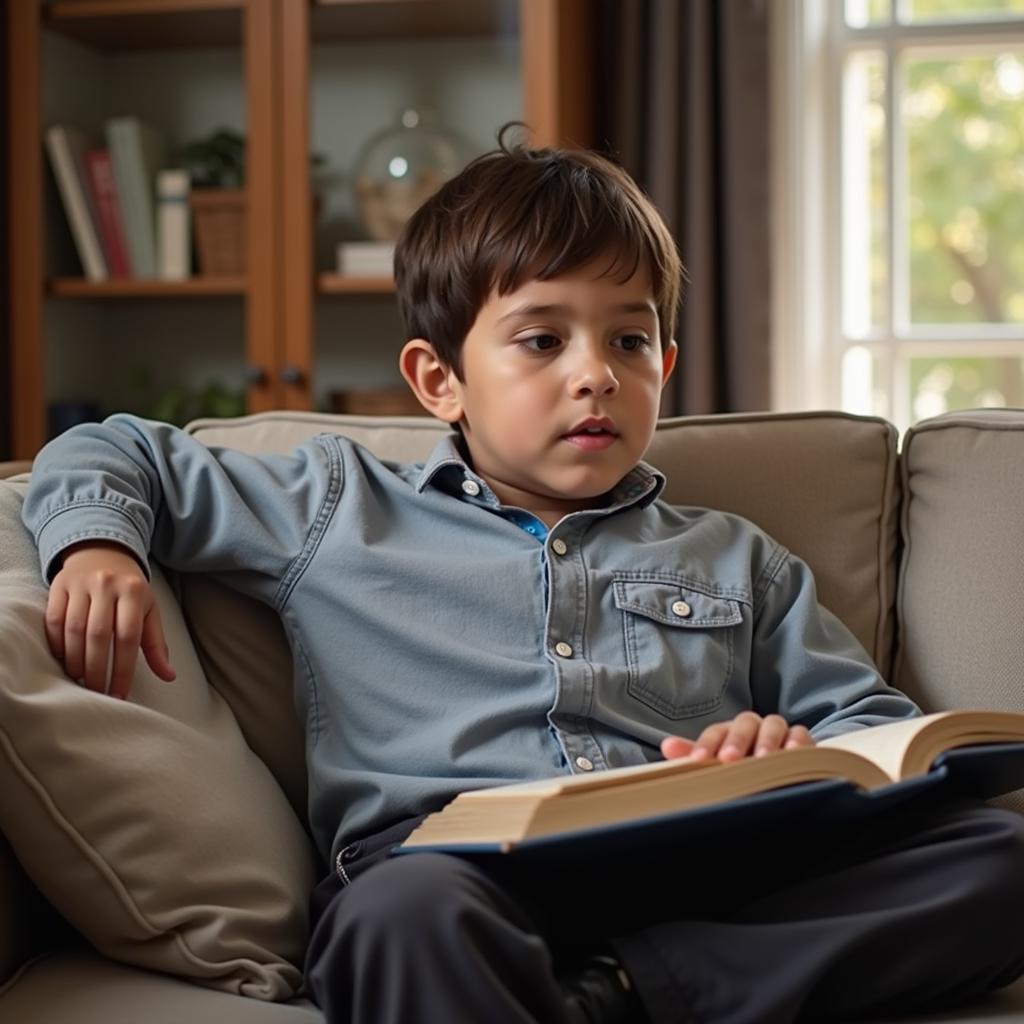 African child engrossed in a book at home in the UK