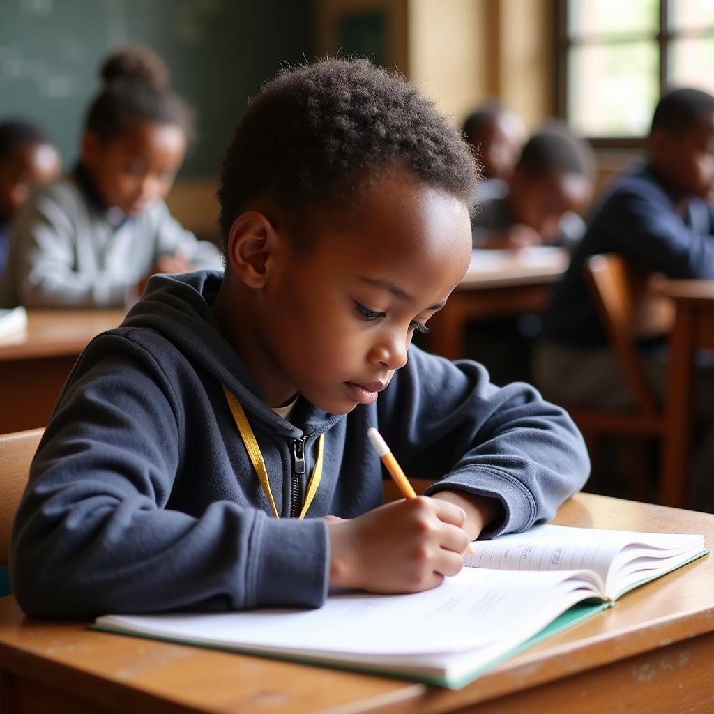 An African child sitting at a desk, deeply engrossed in writing a poem in their notebook, a look of determination and creativity on their face.