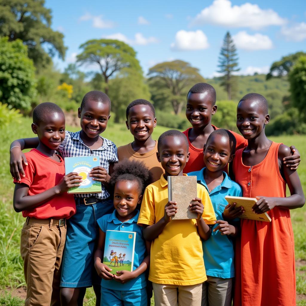 African children celebrating with books