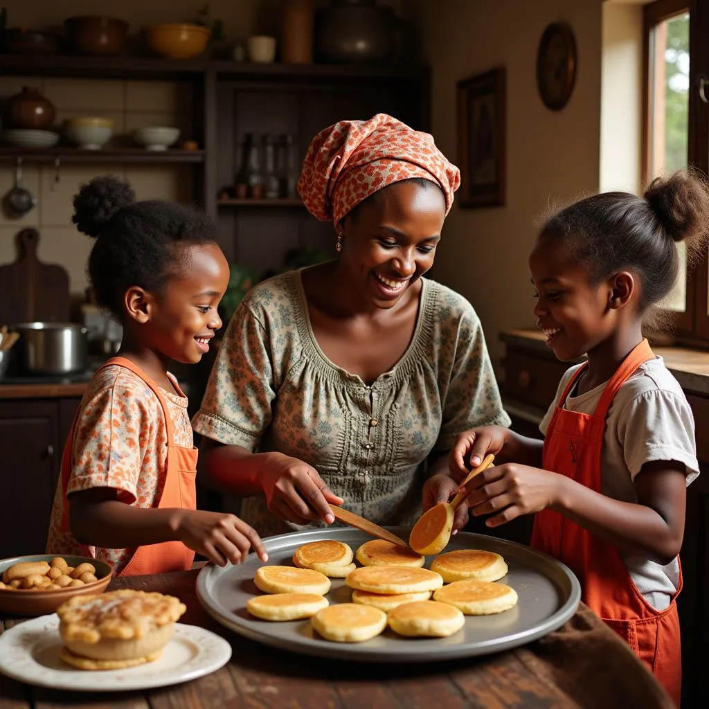 African Children Cooking Pancakes with Grandmother