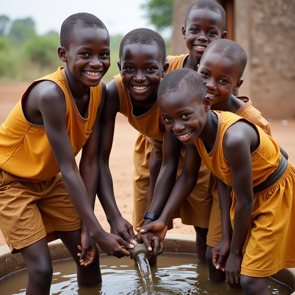 A group of African children, smiling and helping each other, fetch water from a well