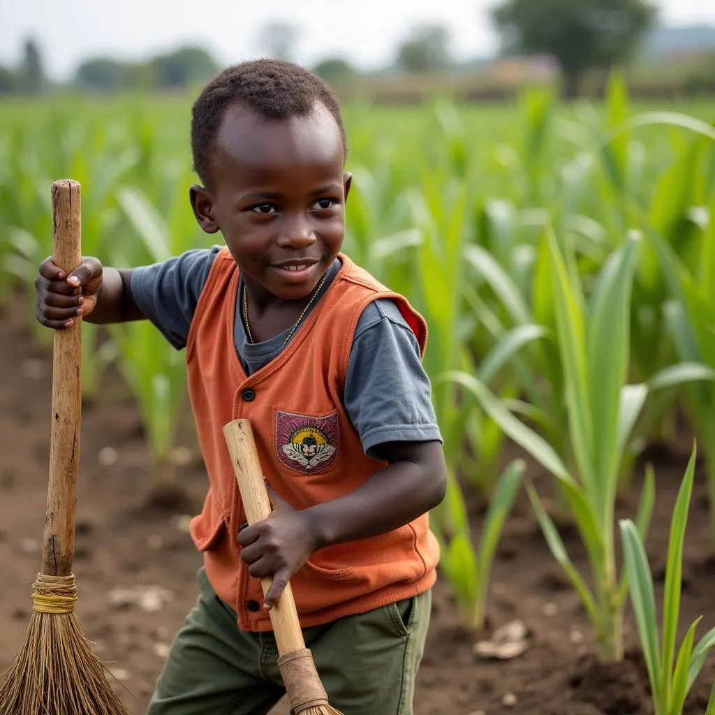 Children working alongside their parents on a farm in Africa