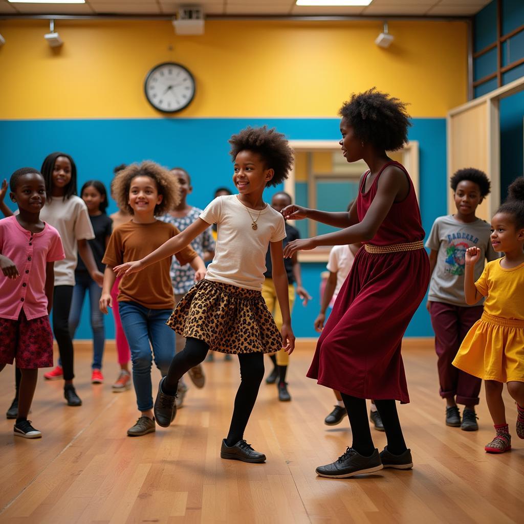 A group of children practice dance moves in a bright studio, guided by an instructor