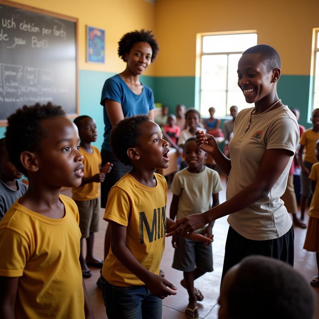 African children learning through song and dance in a classroom