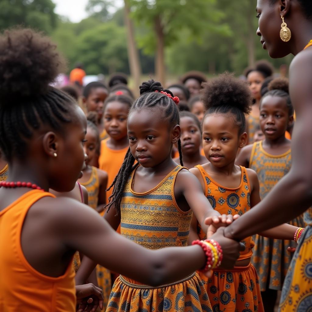 African children attentively learning traditional dance steps from village elders