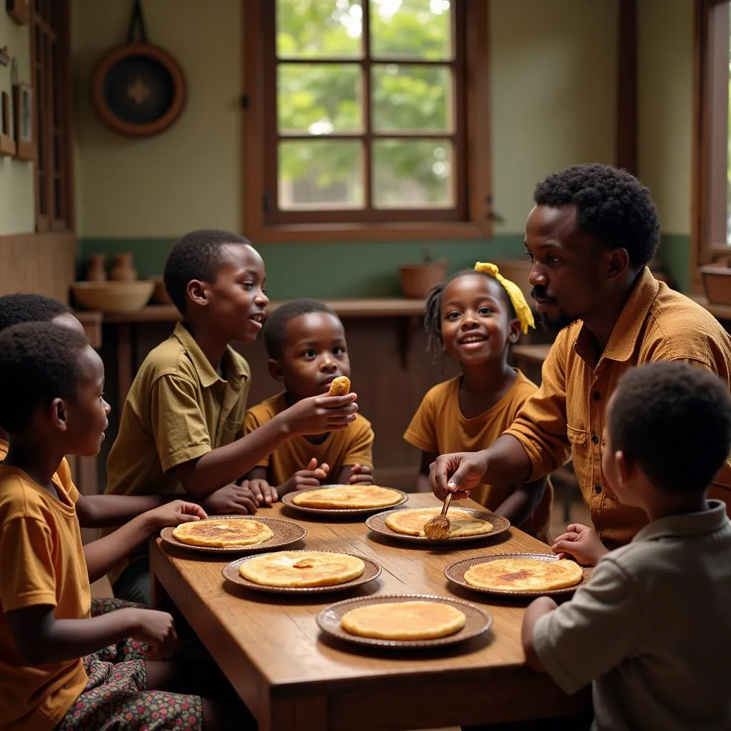 African Children Listening to Story While Eating Pancakes