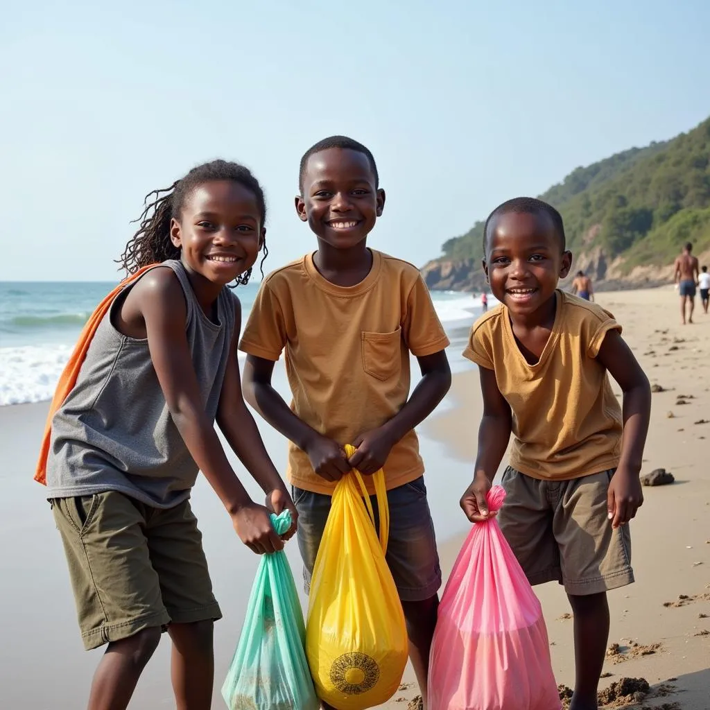 Children cleaning up a beach in Africa