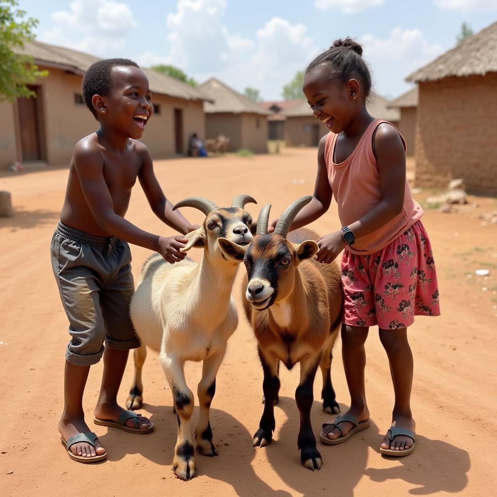 African children playing with goats in a village