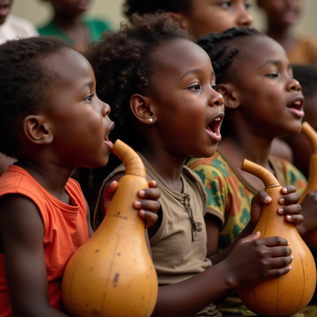 African Children Playing Gourd Instruments and Singing