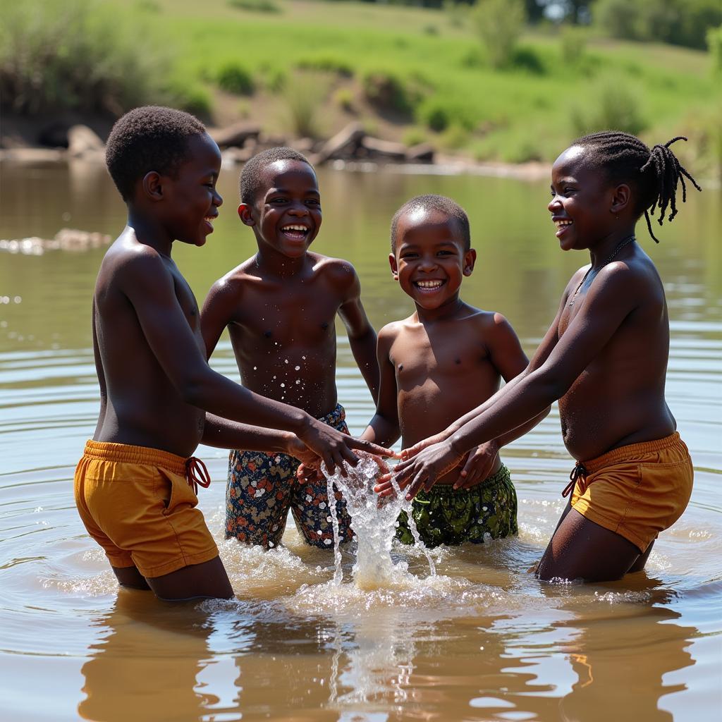 African Children Joyfully Playing in River