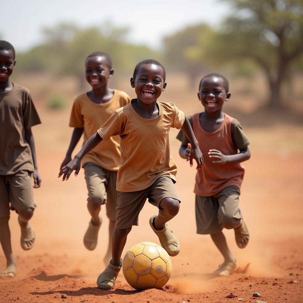 Children joyfully playing soccer in Africa