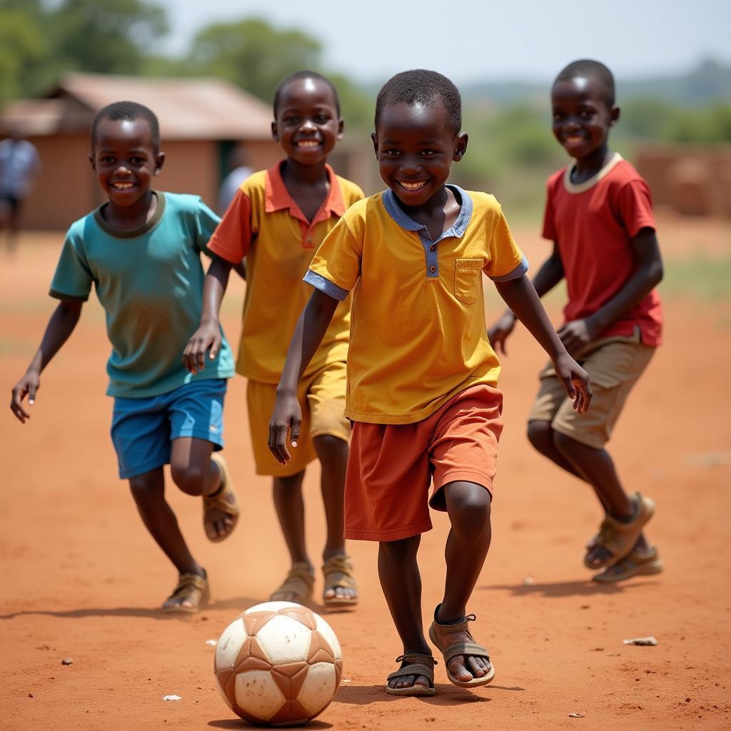 African Children Playing Soccer in a Village