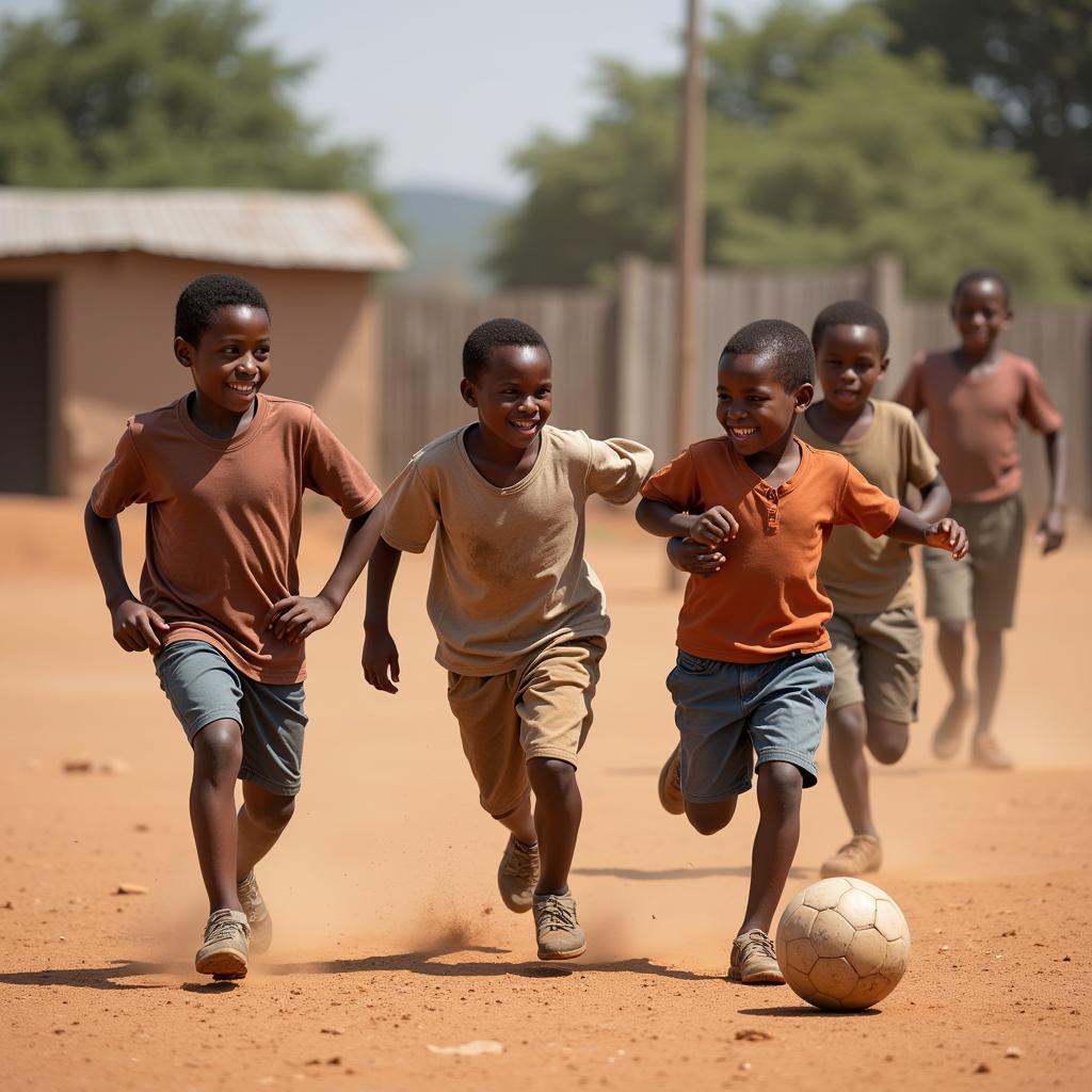 African children playing soccer in the dust