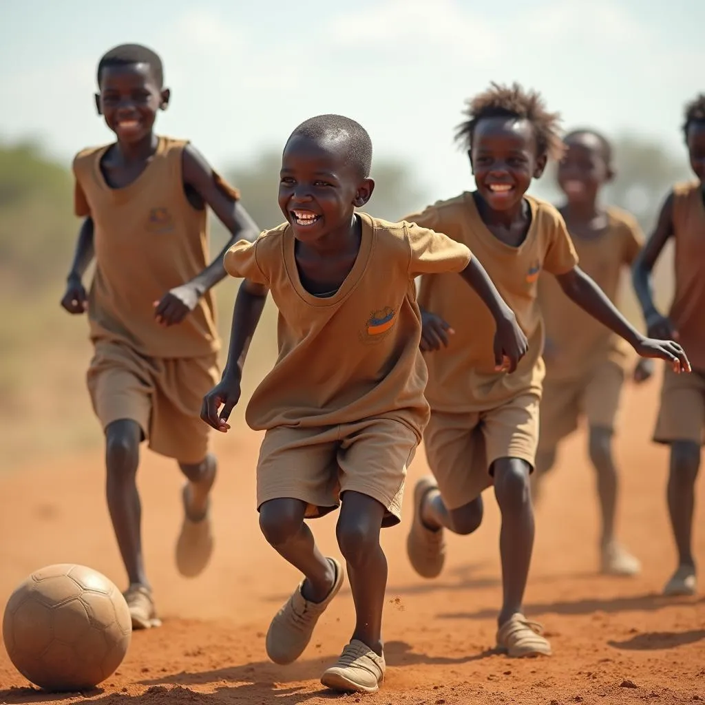 Children Playing Soccer in a Dusty Field