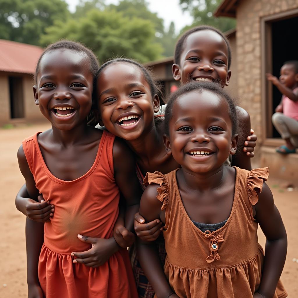 A group of African children laughing and playing together in a village