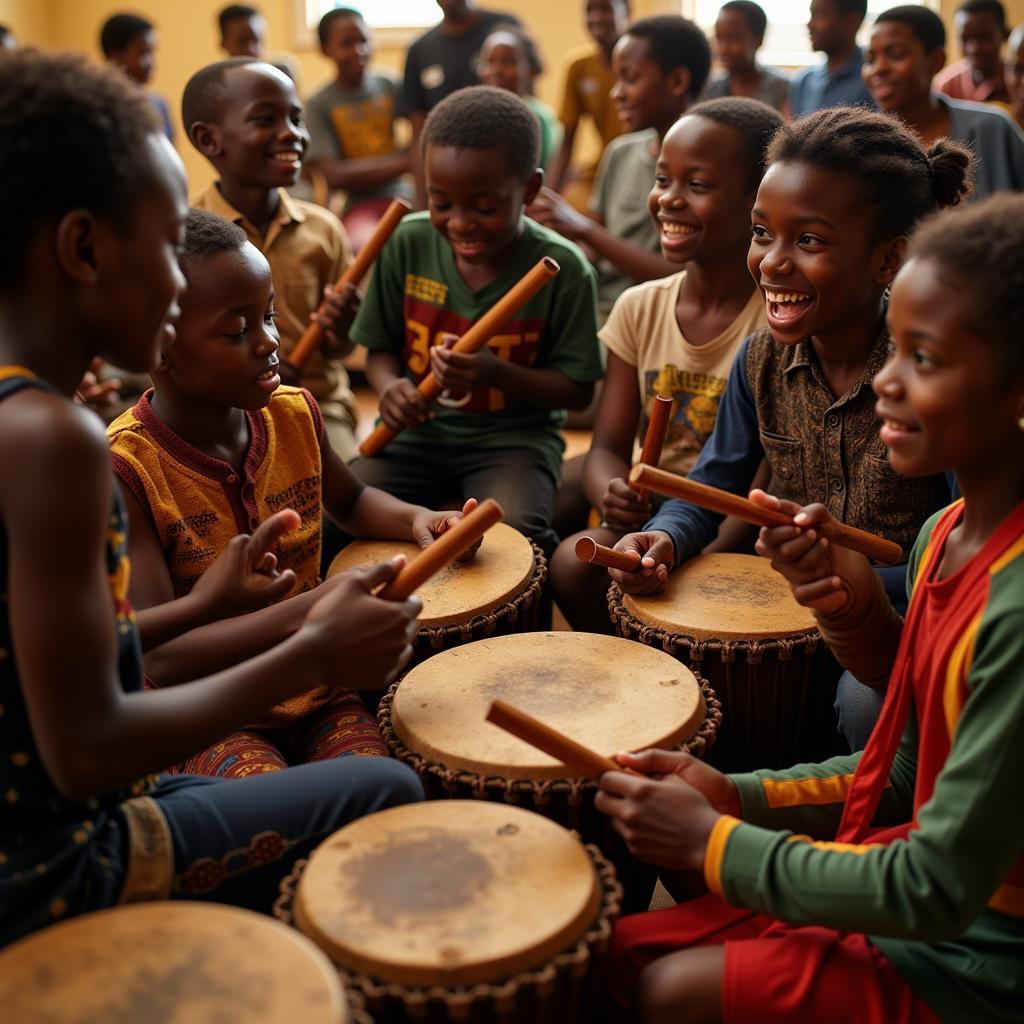 African children playing traditional instruments and singing