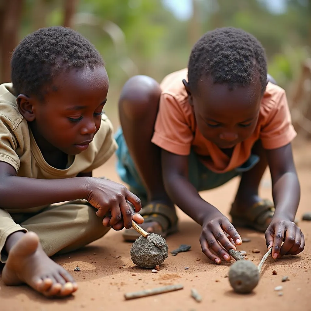 African children having fun with toys made from found objects.