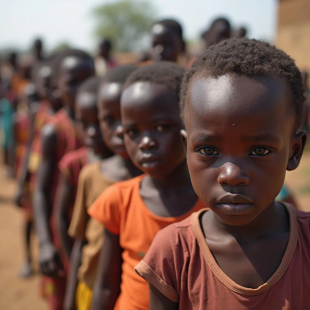 African children queuing for food distribution