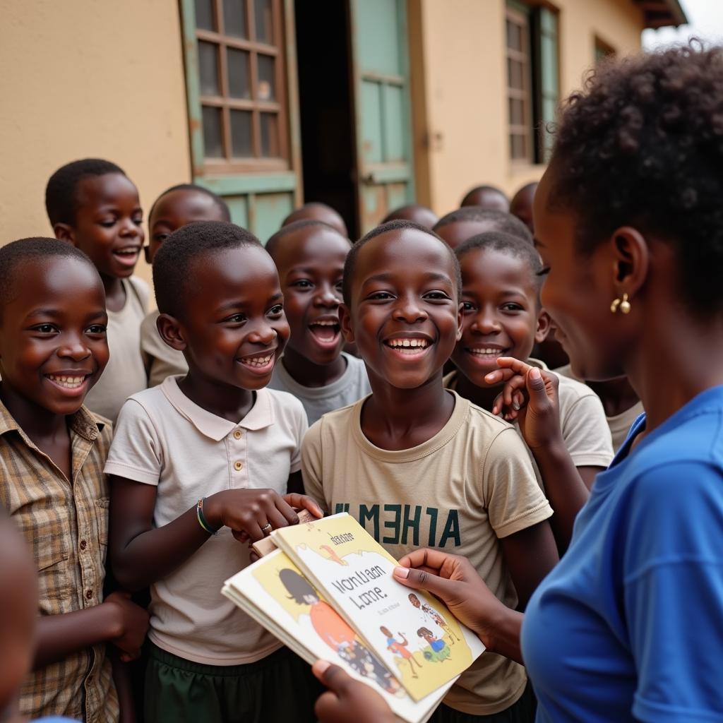 Children receiving books from an African charity