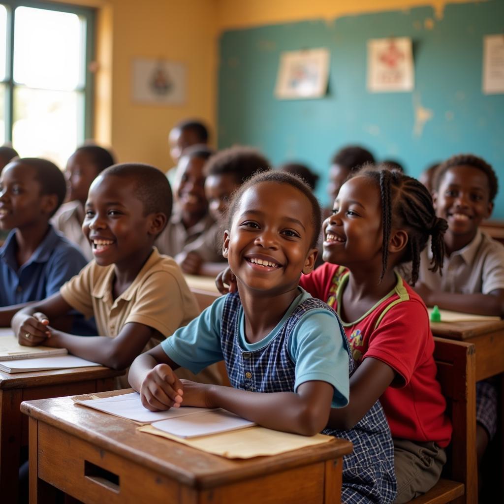 African children learning in a newly built classroom