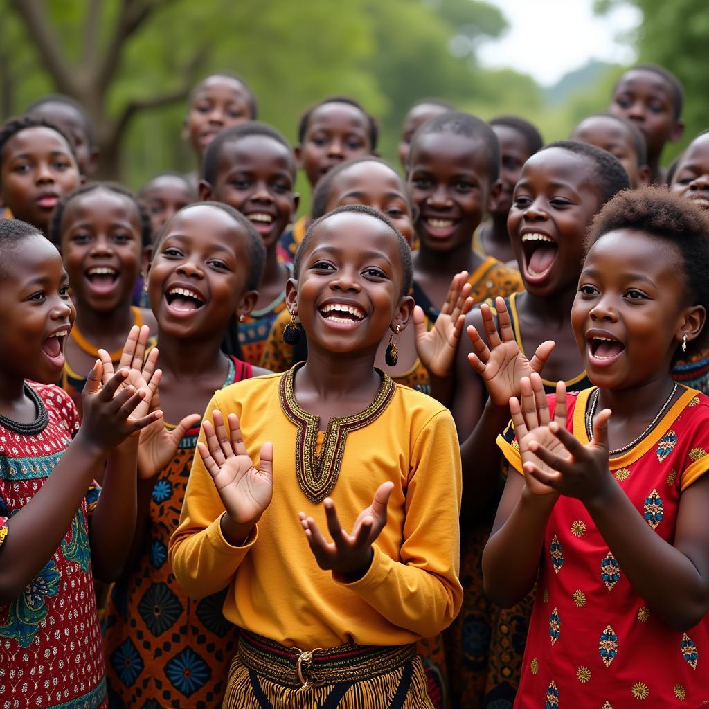 Children Singing and Clapping in Traditional African Clothing