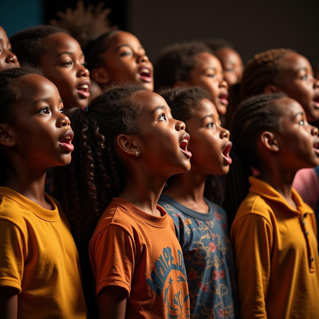 A group of children singing together with passion