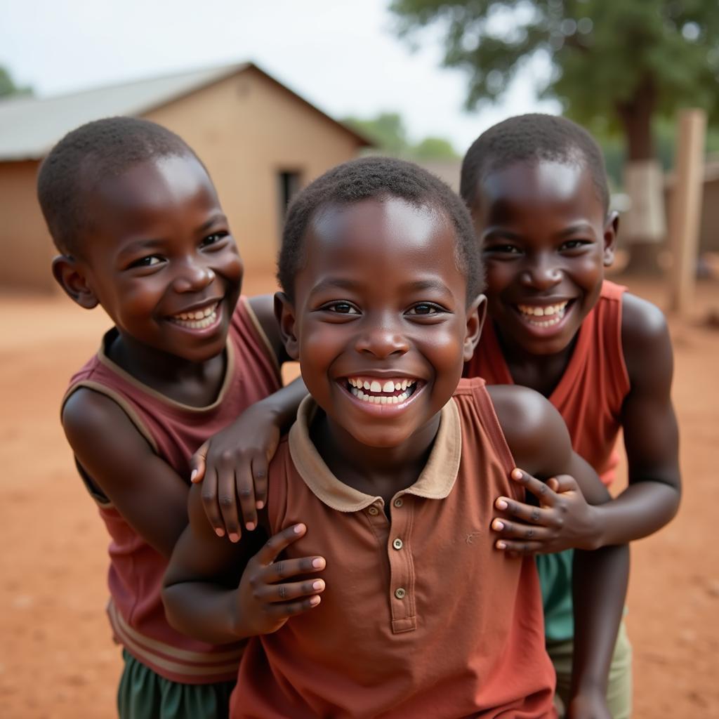 Group of African children laughing and playing together in a village