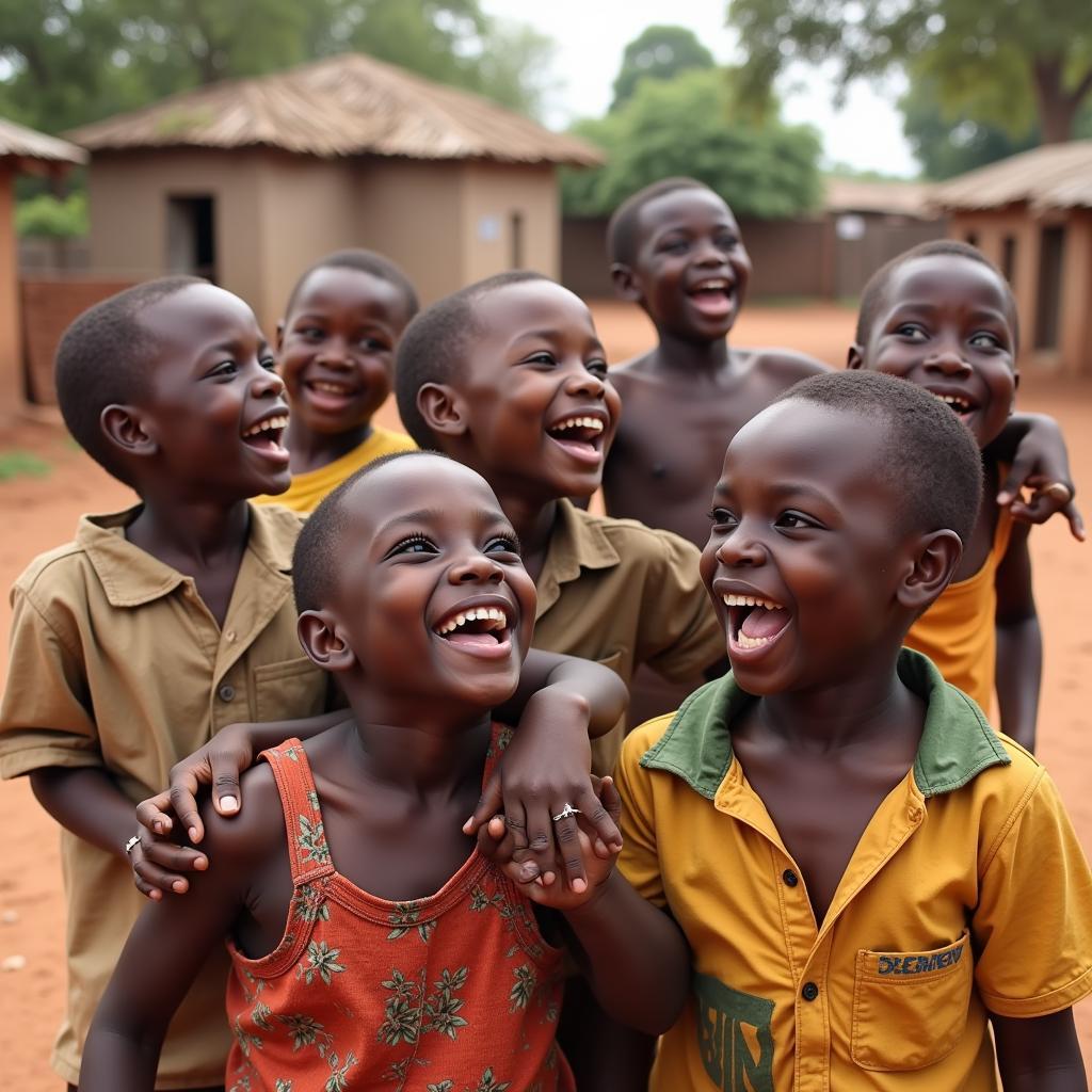 African Children Smiling and Playing in a Village