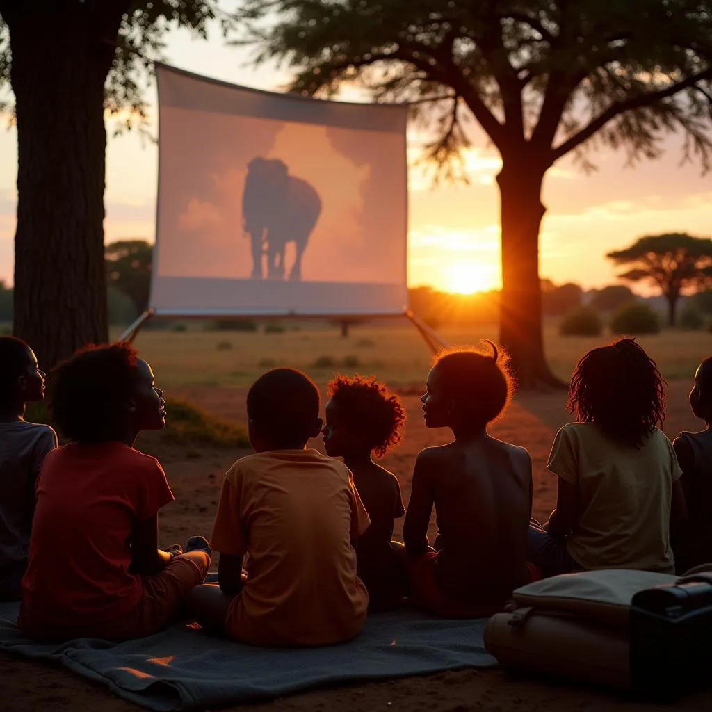 Smiling African children watching a movie projected on a screen outdoors