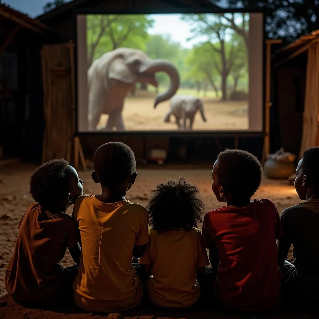 African Children Watching a Wildlife Documentary