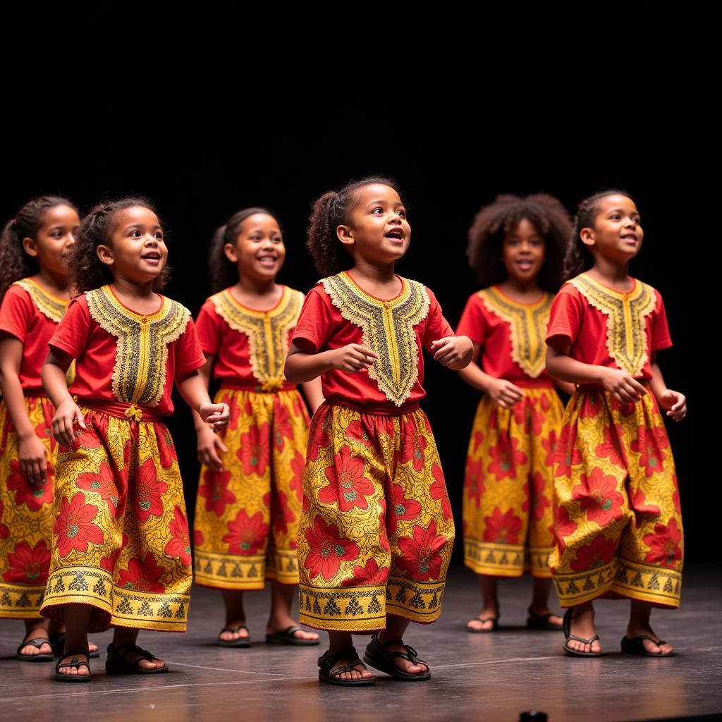 Children in colorful costumes singing and dancing on stage