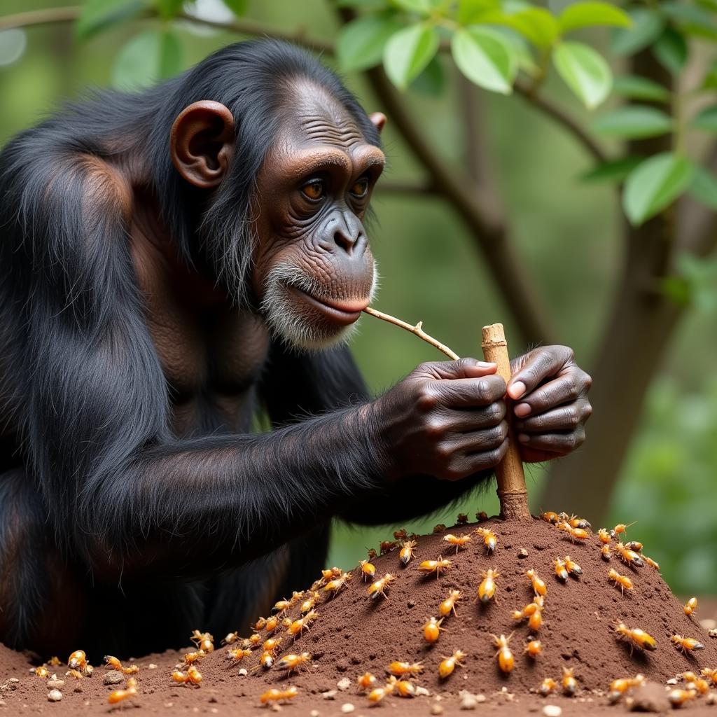 A chimpanzee using a tool to extract termites