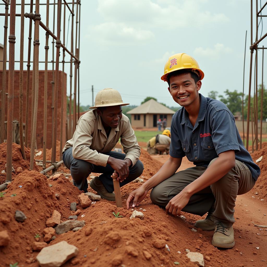 African and Chinese workers collaborating on a construction site