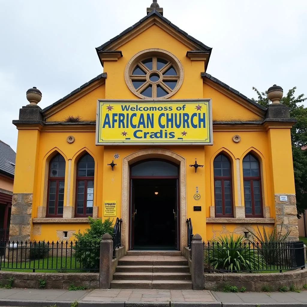 Exterior view of a bustling African church in Cardiff