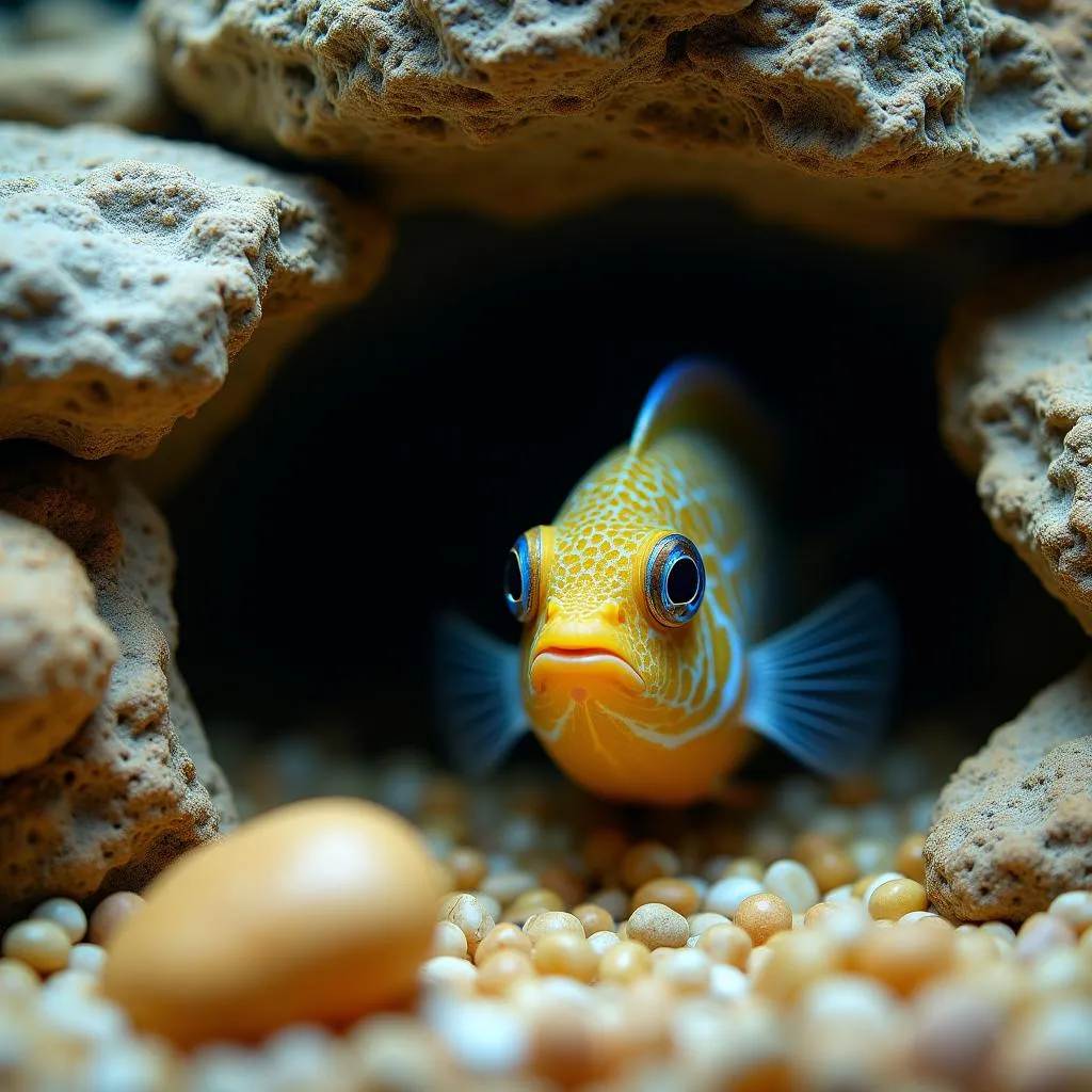 African Cichlid Hiding in Rock Crevice