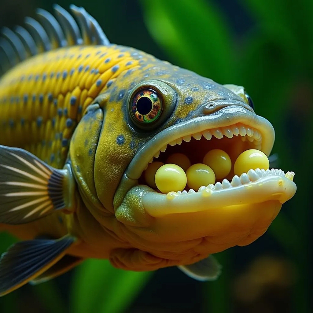 Female cichlid with eggs in mouth