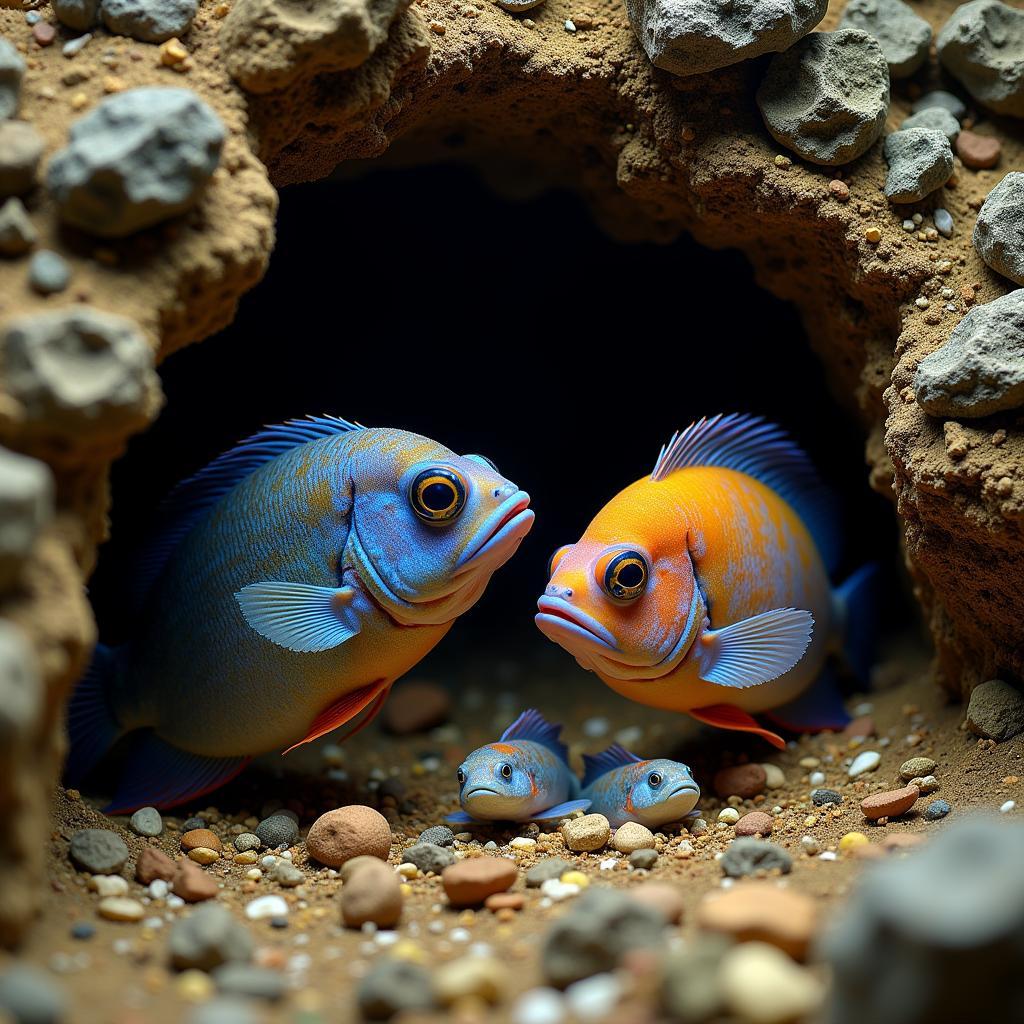 African Cichlid Pair Guarding Fry