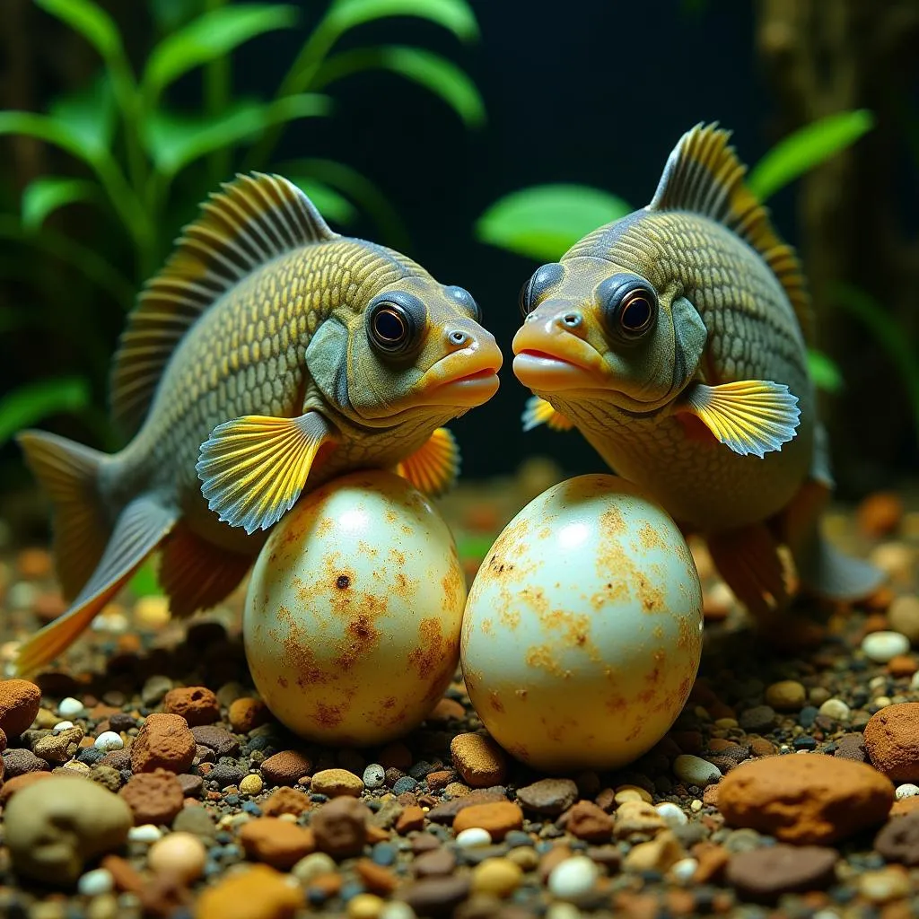 Pair of cichlids guarding their eggs