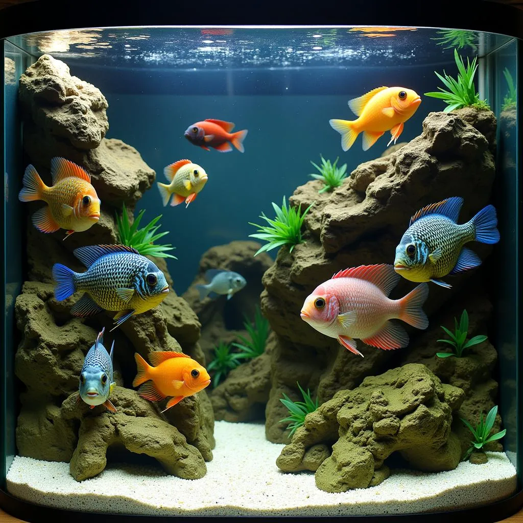 A community of various peacock cichlids thriving in a well-maintained aquarium