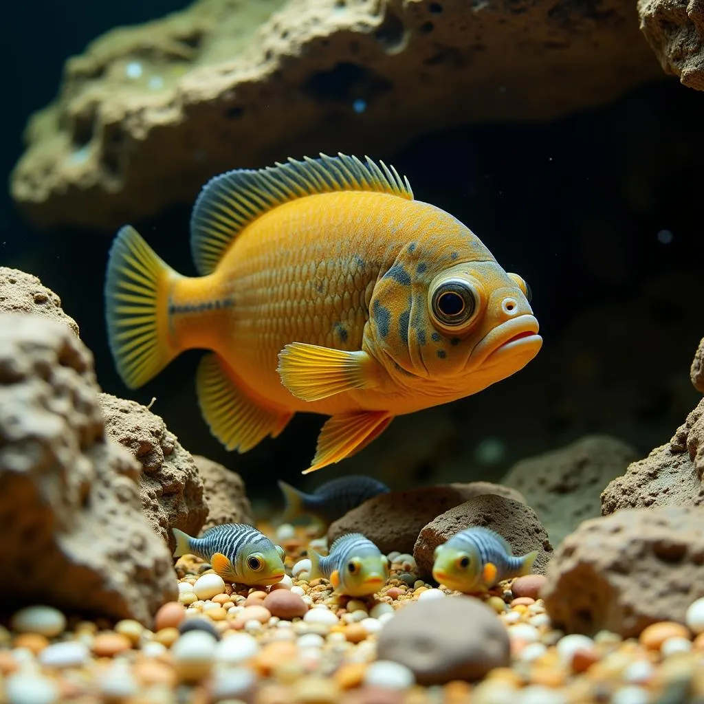 Female African cichlid protecting her young in a rocky habitat