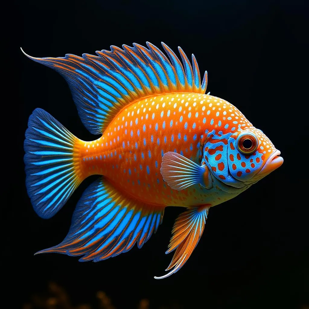 Male African cichlid with vibrant colors flaring its fins