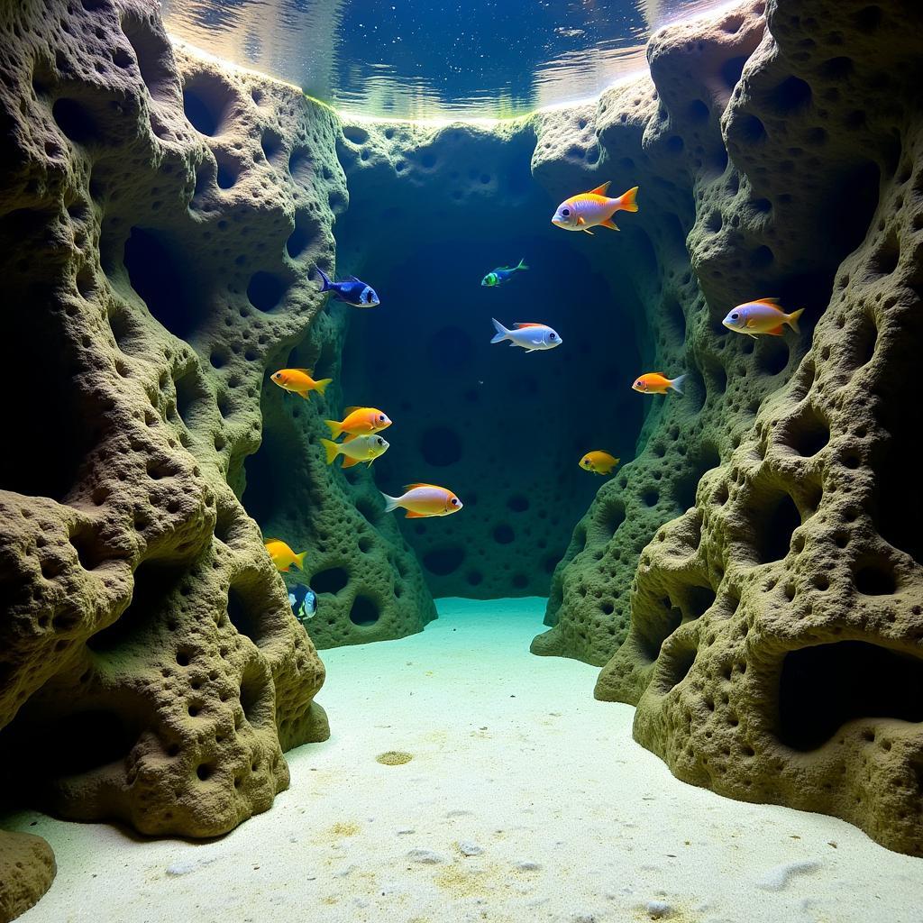 African cichlids swimming among rock formations