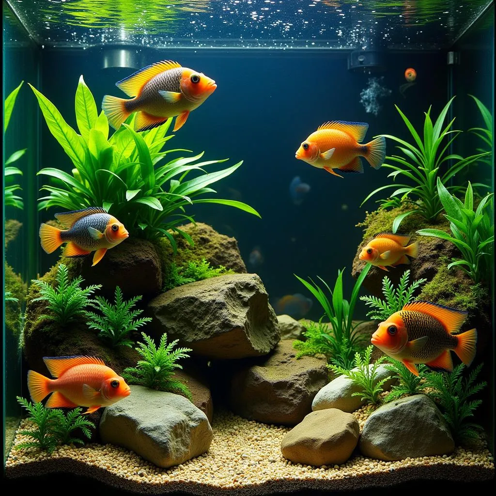 A vibrant African cichlid tank setup