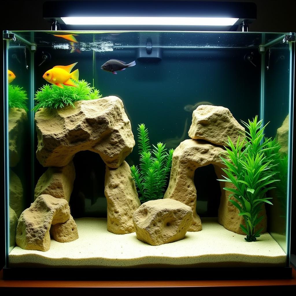 African Cichlid Tank Setup with Rocks and Plants